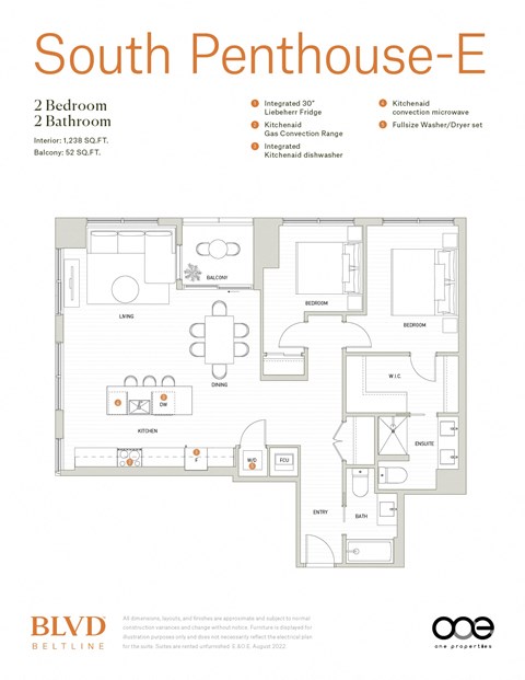 Floor plan for 2 beds, 2 baths, 1238 sqft